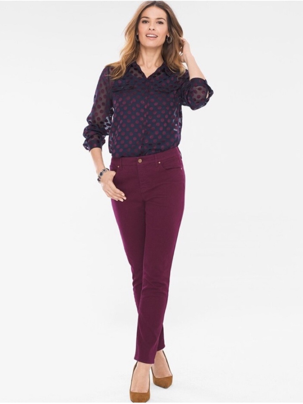 Chico's Sheer Polka Dot Button-Down Blouse - Navy Blue Purple Dots Medium Petite